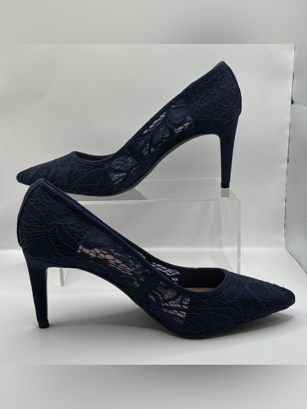 Kelly & Katie Navy Lace Pointed-Toe Stiletto Pumps